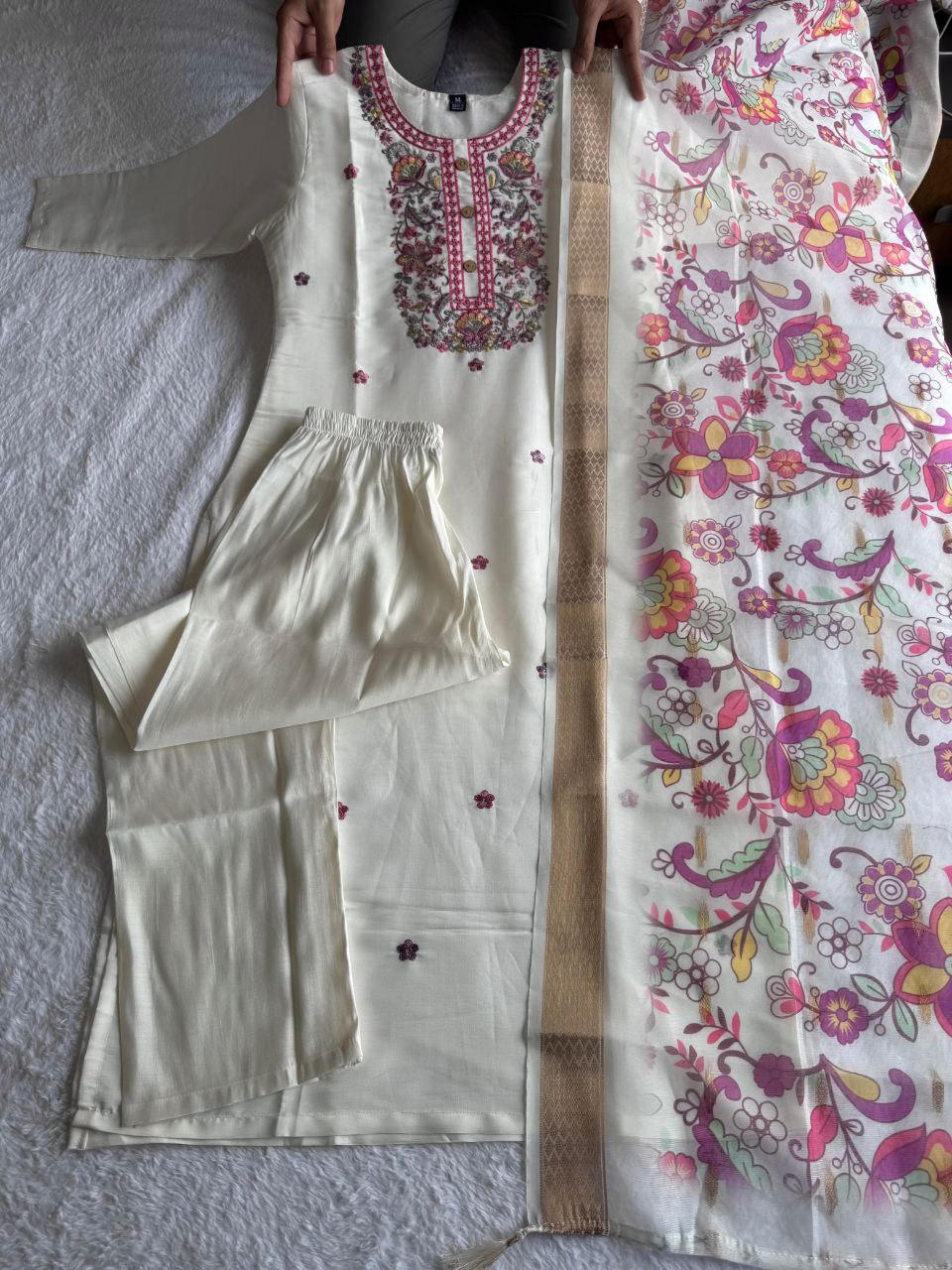 Lorenvalley Fashion Offwhite Roman Silk Embroidery Multi with Sequence Work Kurta Pant with Dupatta - Distacart