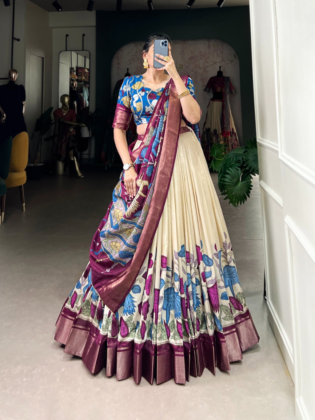 Lorenvalley Offwhite Dola Silk and Jacquard Silk Printed (Kalamkari) With Zari Weaving Border Lehenga Choli