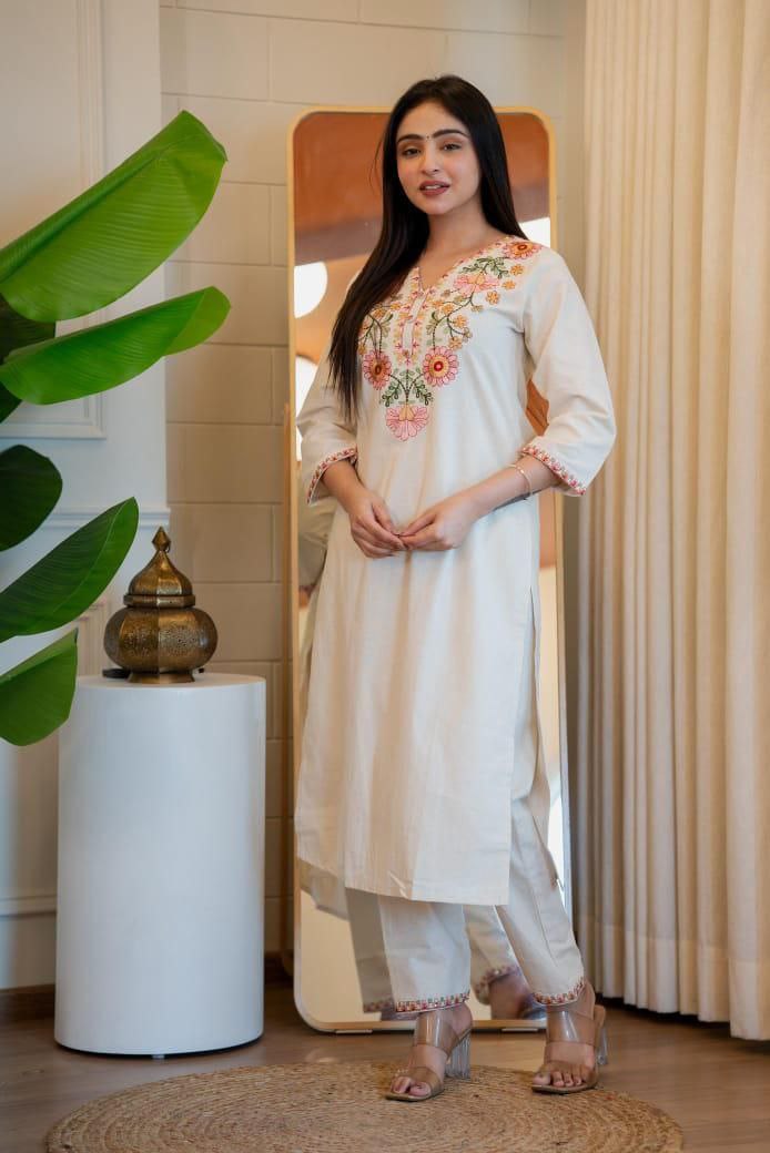 Lorenvalley Fashion Offwhite Pure Khadi Cotton Embroidery with Sequence Work Kurta Pant - Distacart