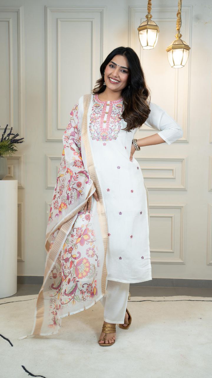 Lorenvalley Fashion Offwhite Roman Silk Embroidery Multi with Sequence Work Kurta Pant with Dupatta - Distacart