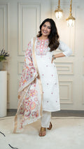 Lorenvalley Fashion Offwhite Roman Silk Embroidery Multi with Sequence Work Kurta Pant with Dupatta - Distacart