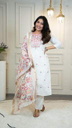 Lorenvalley Fashion Offwhite Roman Silk Embroidery Multi with Sequence Work Kurta Pant with Dupatta - Distacart