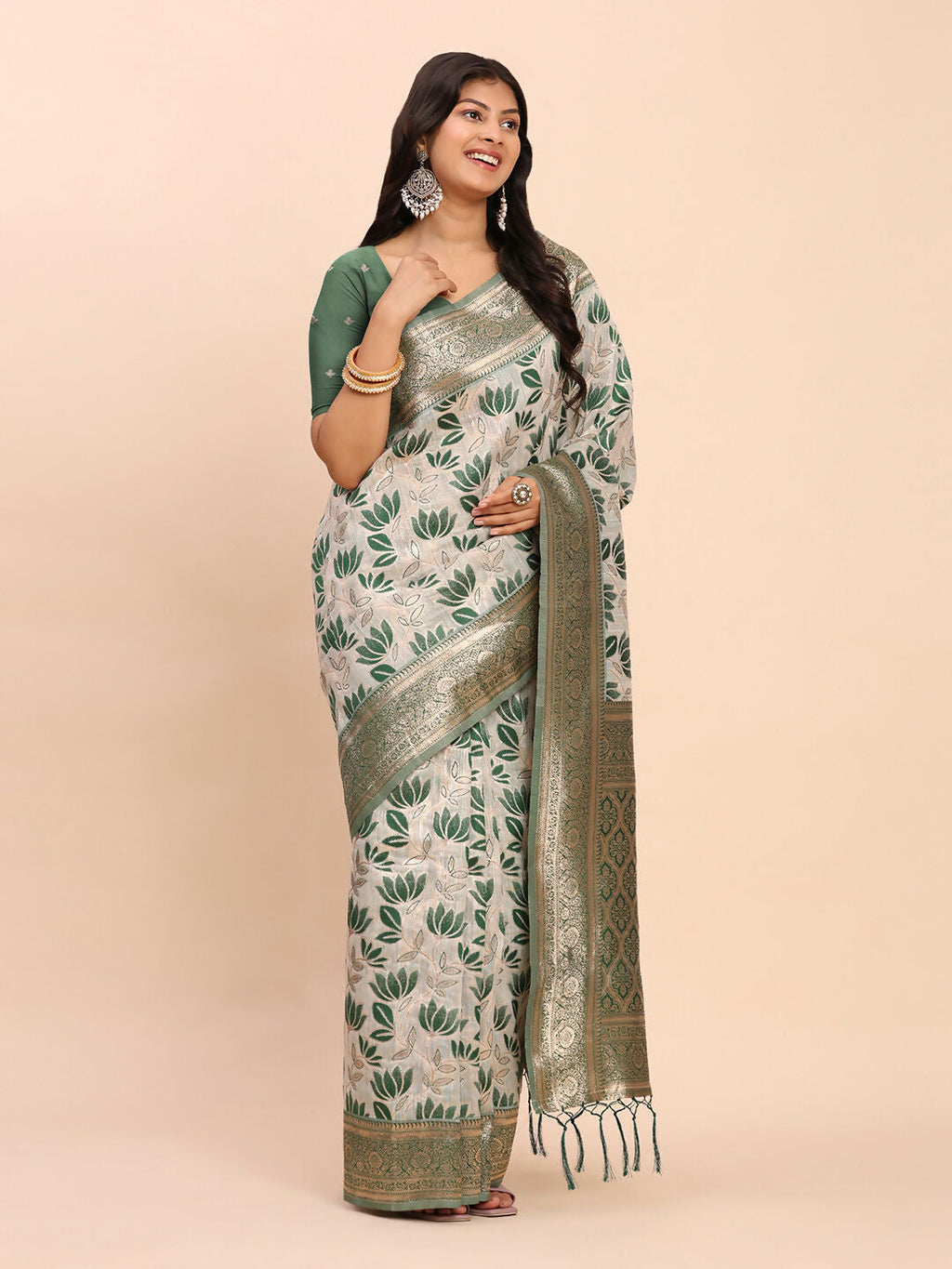 Shree Shyam Fashion Linen Cotton Green Saree - Distacart