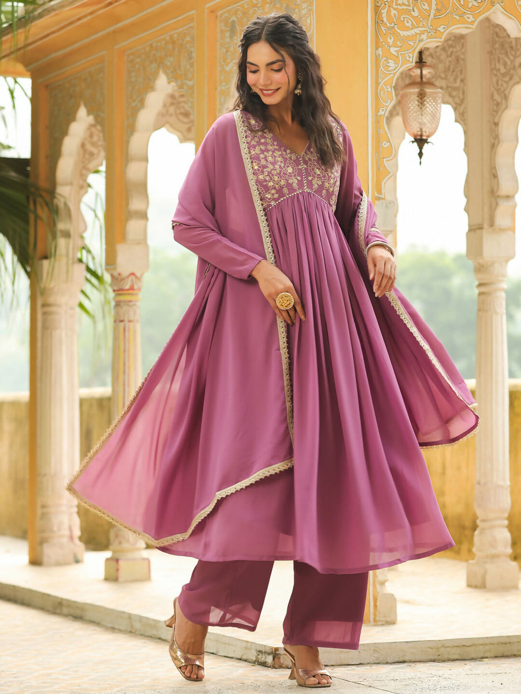 Janasya Lavender Georgette Yoke Embroidery Kurta,Bottom & Dupatta