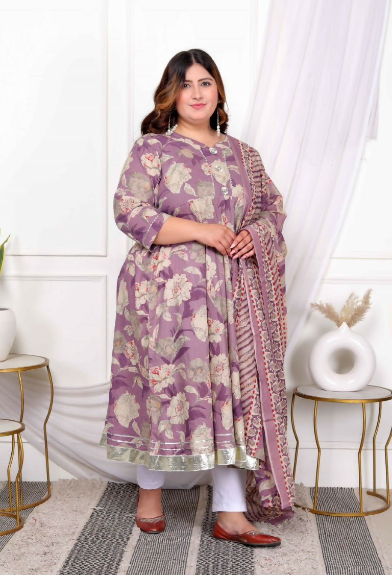 Miravan Women's Plus Size Purple Flower Printed With Beautiful Lace Border Details Anarkali Kurta With Dupatta Set