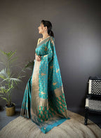 Joban Fashion Banarasi Teal Green Woven Soft Silk Saree - Distacart