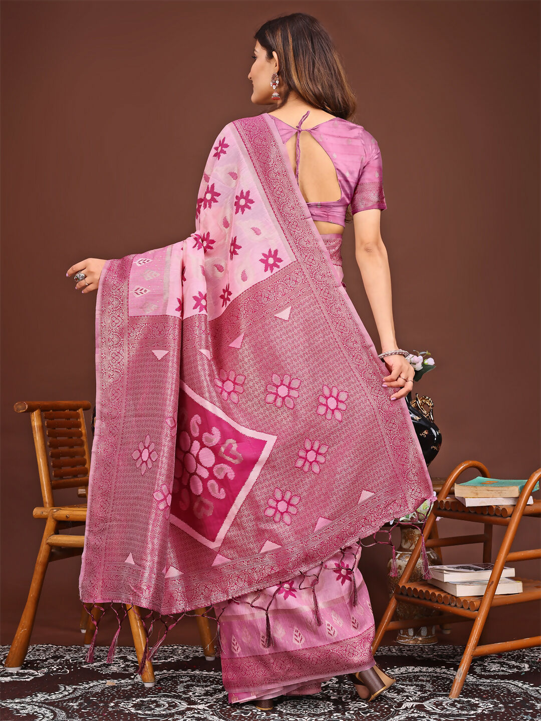 Shree Shyam Fashion Sajni Pink Linen Cotton Saree