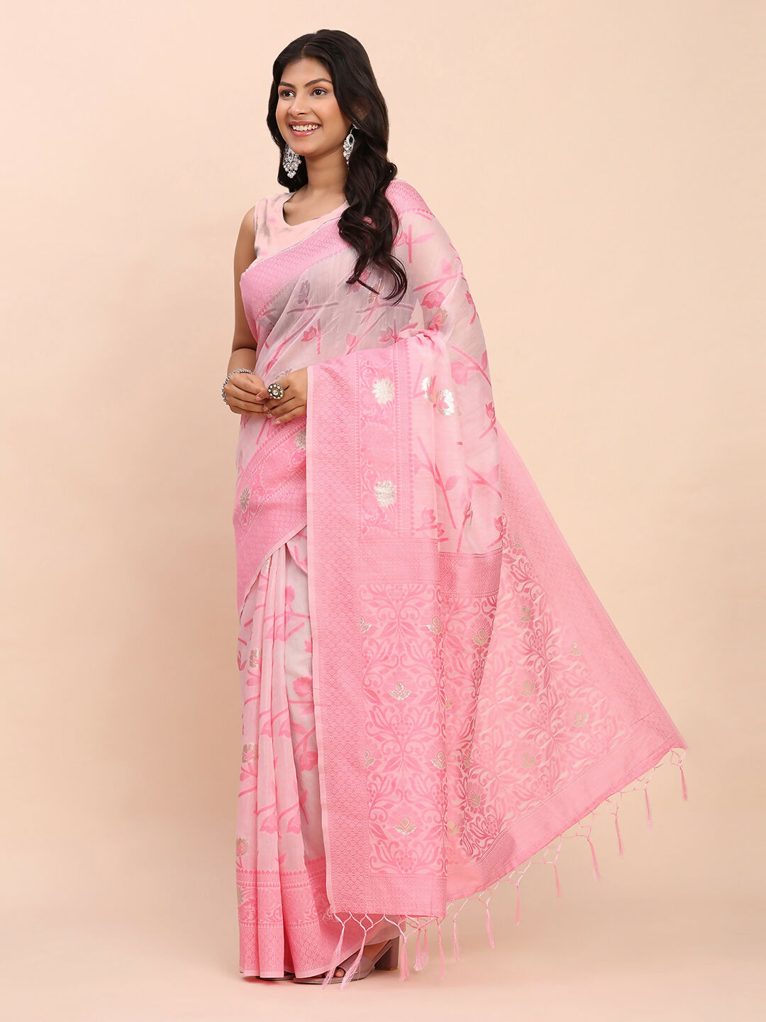 Shree Shyam Fashion Linen Cotton Light Pink Saree - Distacart