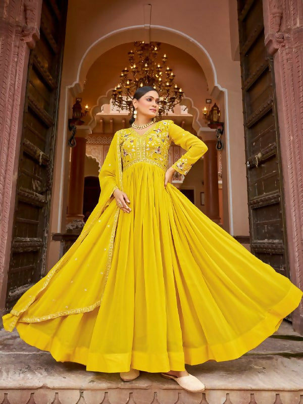 Joban Fashion Yellow Readymade Kurta Set With Sequence embroidery Work - Distacart