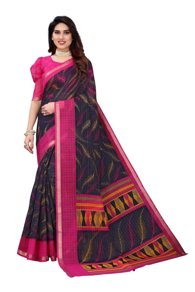 Vamika Navy Blue Linen Zari Border Saree