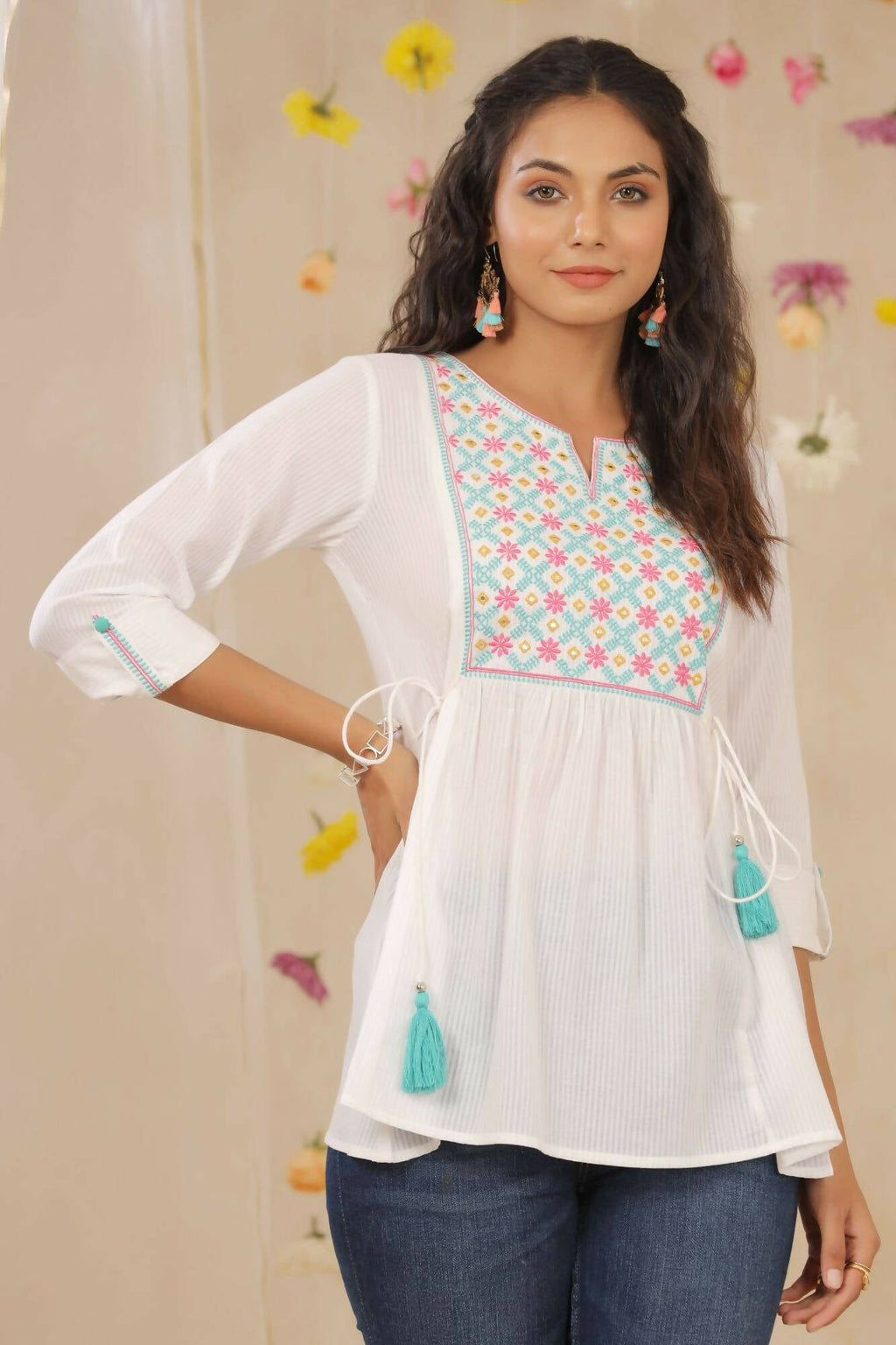 Juniper Women White Cotton Dobby Embroidered A-Line Tunic - Distacart