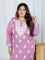 Miravan Women's Plus Size Chikankari Embroidery Pink Straight Kurta And Palazzo Set