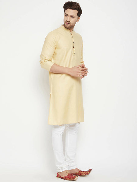 Even Apparels Beige Pure Cotton Long Men's Kurta With Band Collar