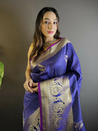 Joban Fashion Royal Blue Striped With Floral Motifs Soft Silk Leheriya Saree - Distacart