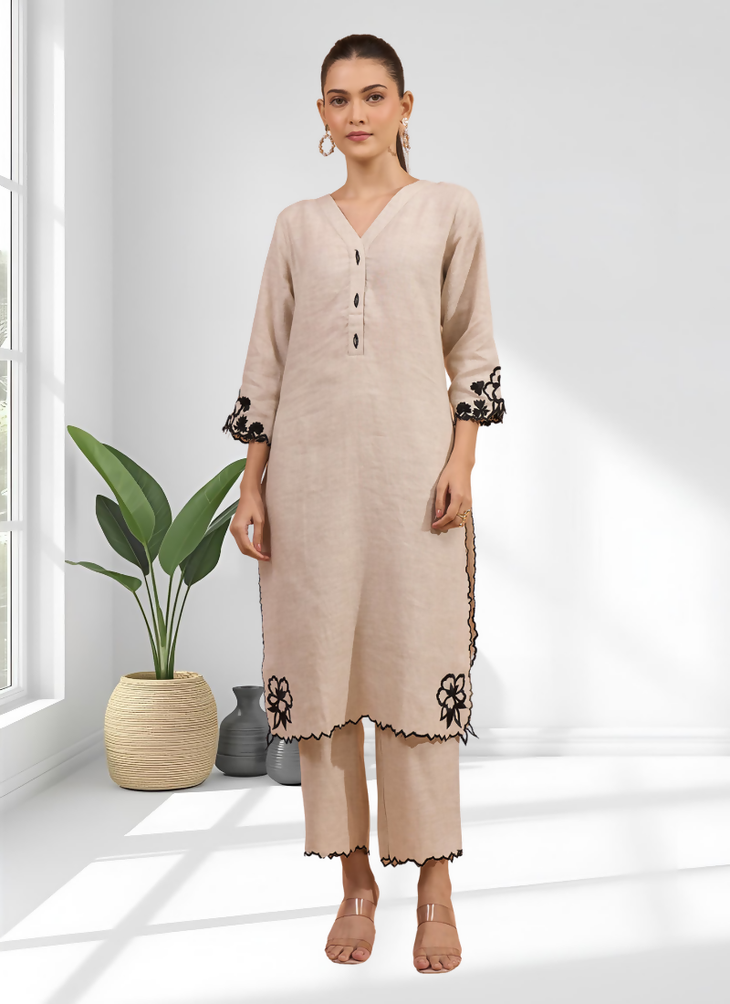 Joban Fashion Beige Linen Embroidered Readymade Long Kurta With Pant - Distacart