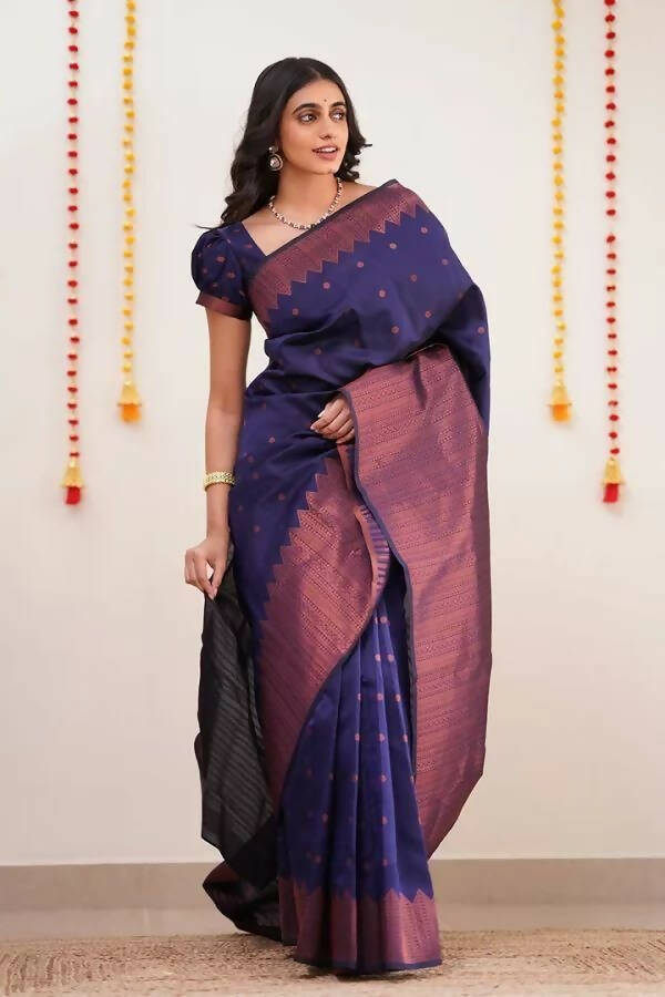 DEIANA'S Beautiful Designer Golden zari Soft Lichi Silk Saree - Navy Blue