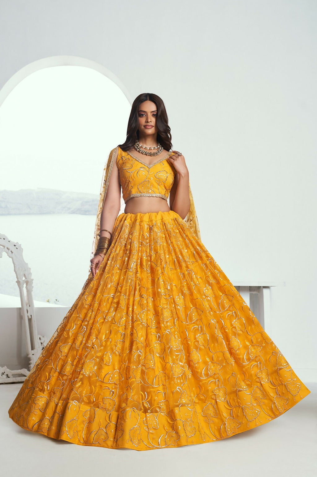 Eilara Glamorous Yellow Net With Embroidered And Thread Zari Sequence Weeding Lehenga Choli