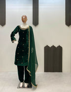 Vastranavya Green Velvet Sequence Embroidery Work Kurta & Bottom With Dupatta - Distacart