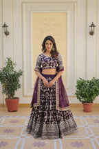 Vastranavya Designer Dyeable Pure Viscose Jacquard Fabric Lehenga Choli & Dupatta Set - Wine