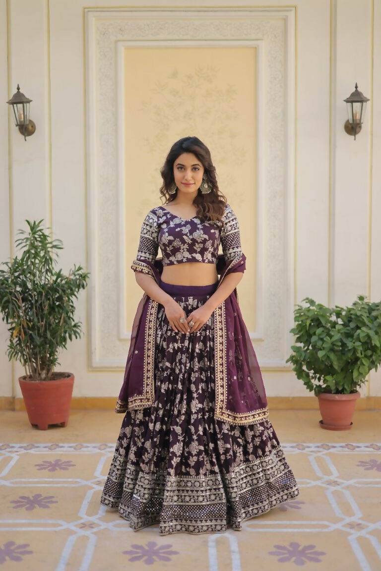 Vastranavya Designer Dyeable Pure Viscose Jacquard Fabric Lehenga Choli & Dupatta Set - Wine