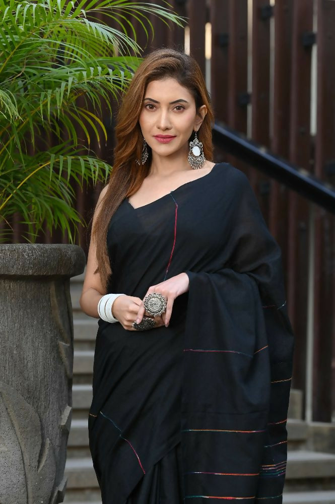 Beatitude Black Khadi Ghicha Stripes Saree