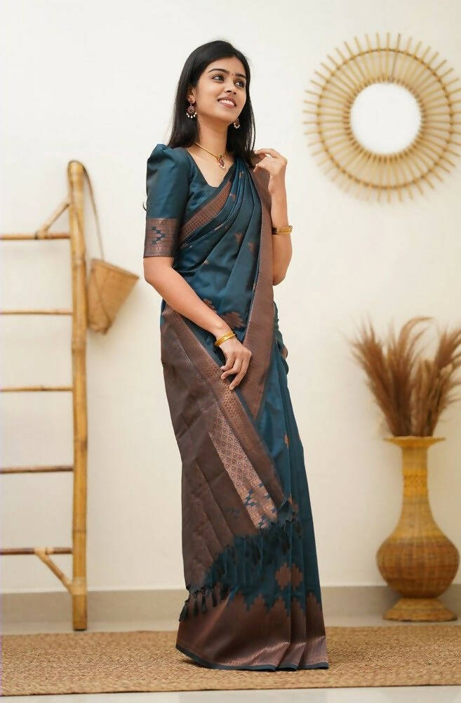DEIANA'S Beautiful Designer Golden zari Soft Lichi Silk Saree - Teal