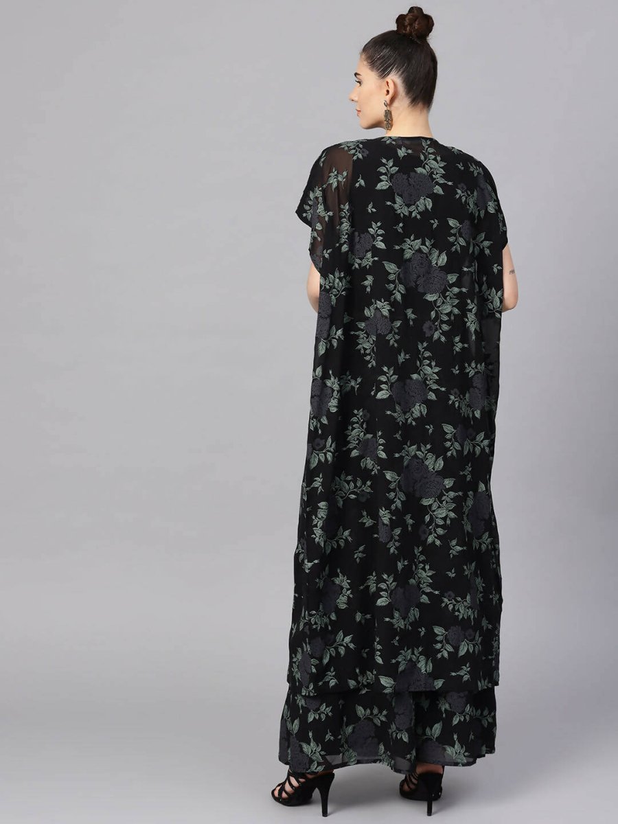 Ahalyaa Black Georgette Crepe Printed Top Palazzo Set With Jacket - Distacart