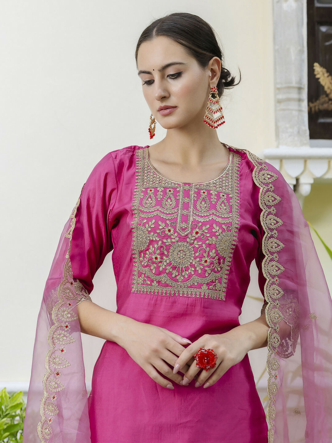 Vellora Rich Rani Pink Embroidery Work Readymade Salwar Suit