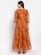 Myshka Women's Brown Organza Printed 3/4 Sleeve V Neck Casual Anarkali Dress