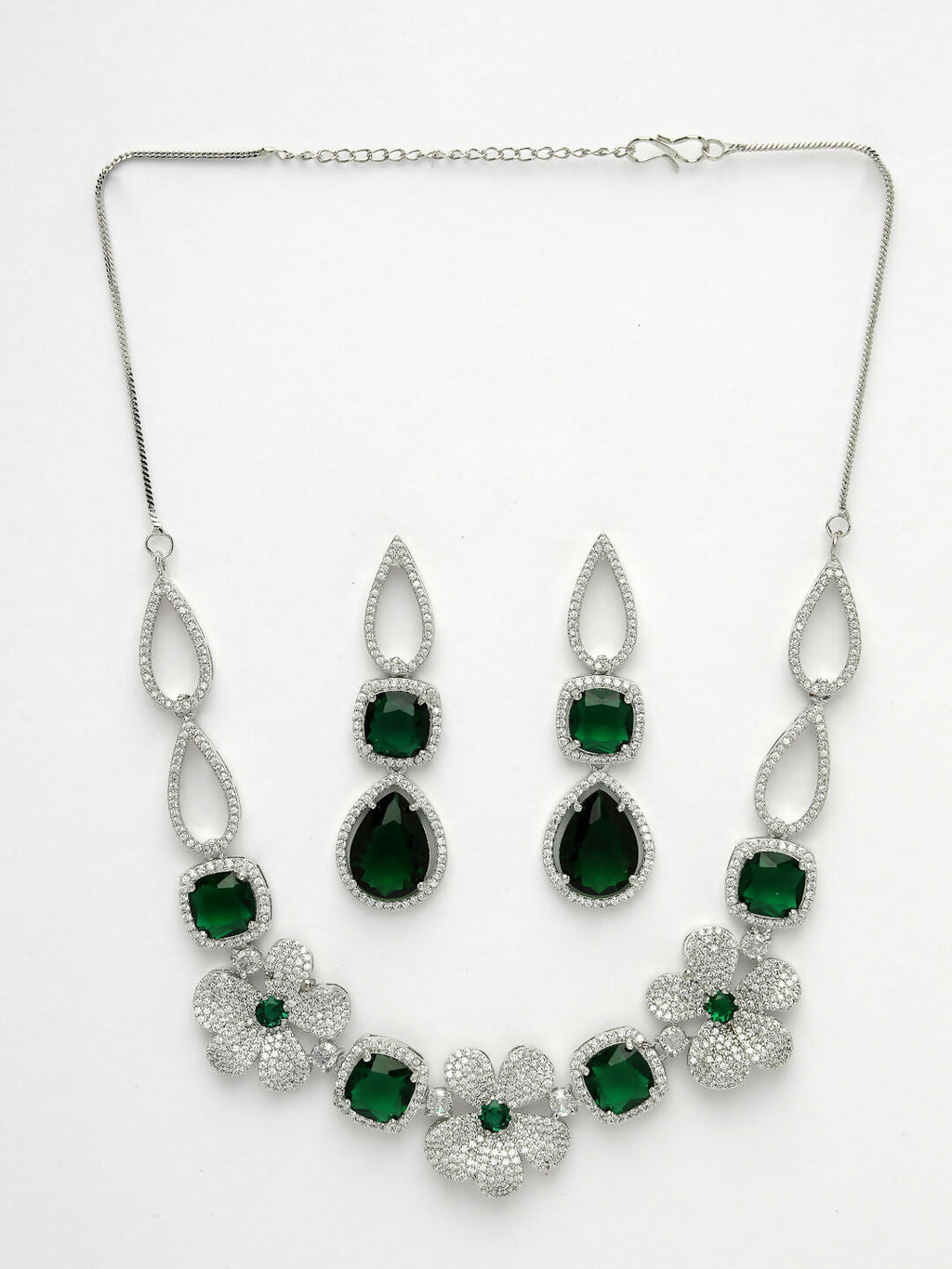 NVR Women's Green & Silver-Plated American Diamond Handcrafted Jewellery Set