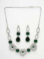 NVR Women's Green & Silver-Plated American Diamond Handcrafted Jewellery Set