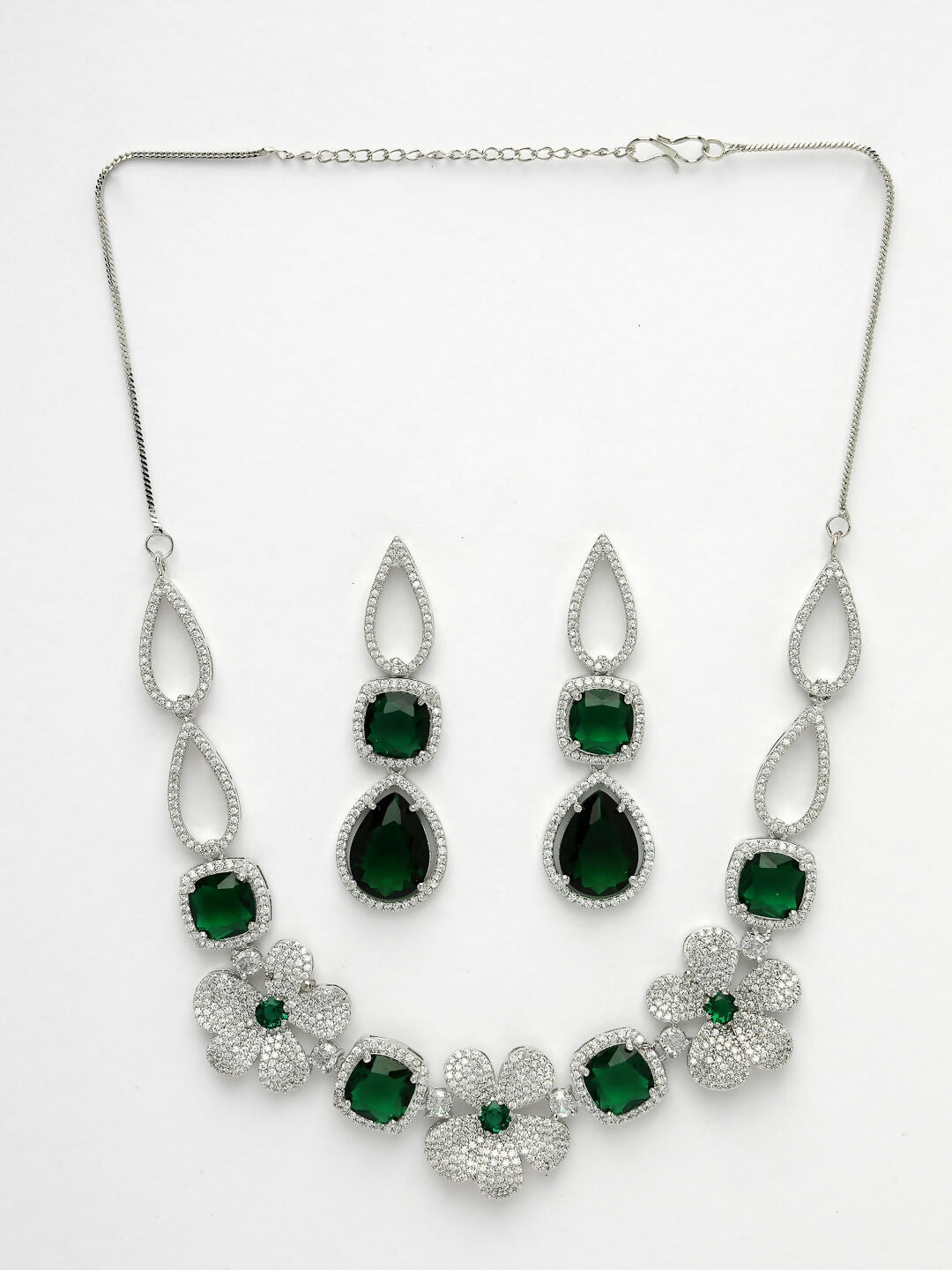 NVR Women's Green & Silver-Plated American Diamond Handcrafted Jewellery Set
