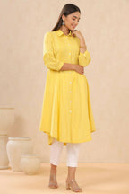Juniper Womens Blush Yellow Cotton Slub Solid Mid Length Shirt Dress With Lace Detailing - Distacart