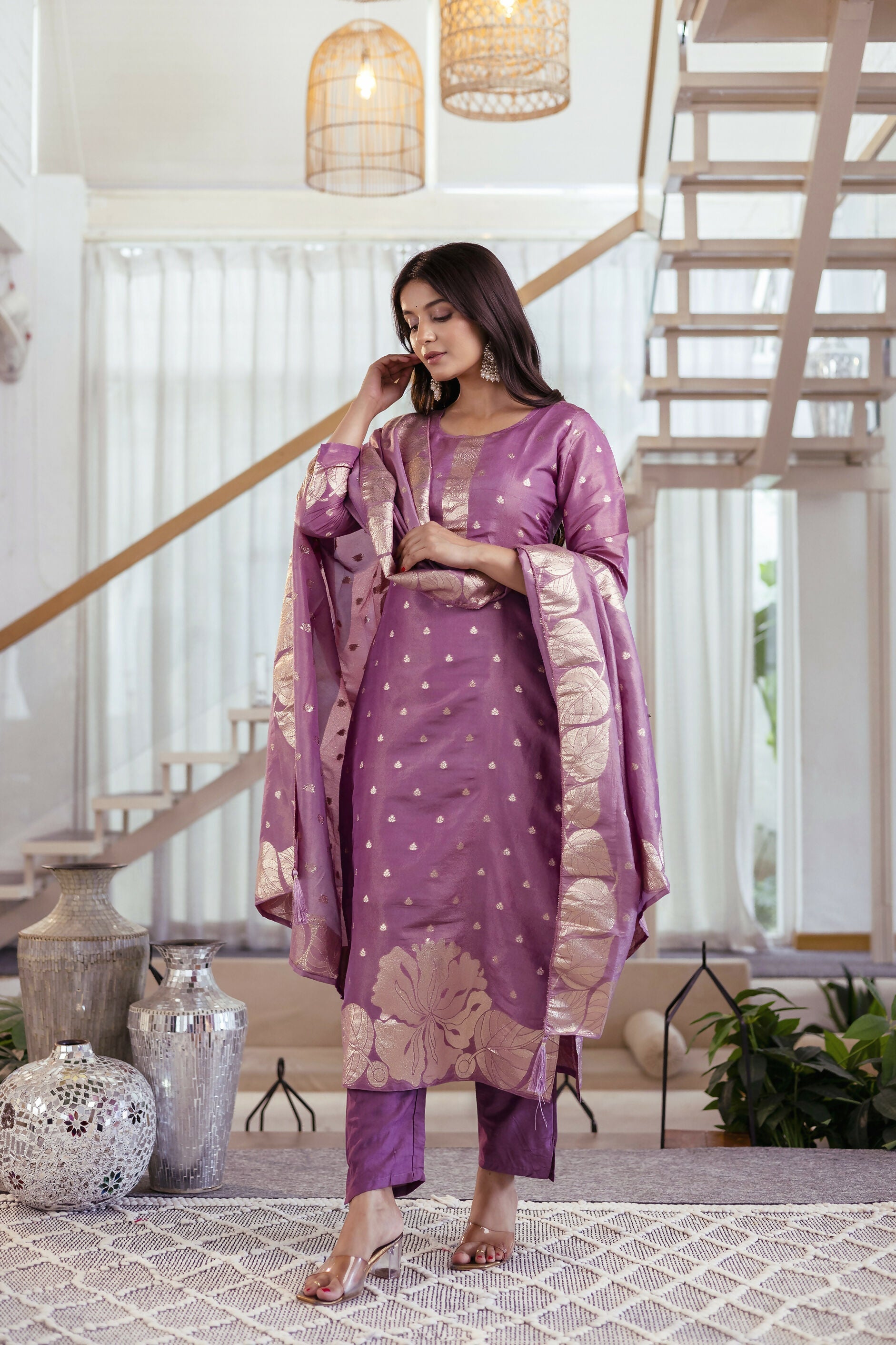 The52 Women's Beautiful Jacquard Butti Work Simmer Jacquard Fabric Straight Kurta Pant and Dupatta Set - Distacart