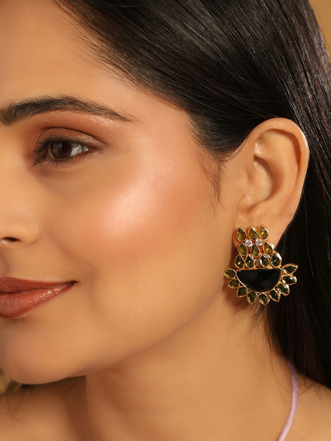 Nuyug 22K Gold Plated Dark Crystal Studded Contemporary Floral Shaped Stud Earrings - Distacart