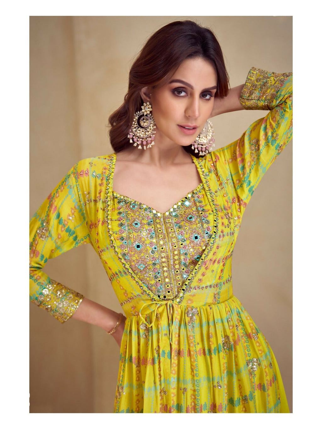 Anaita Yellow Real Chinon Stitched 3 Piece Suit with Printed & Embroidery hand work - Distacart