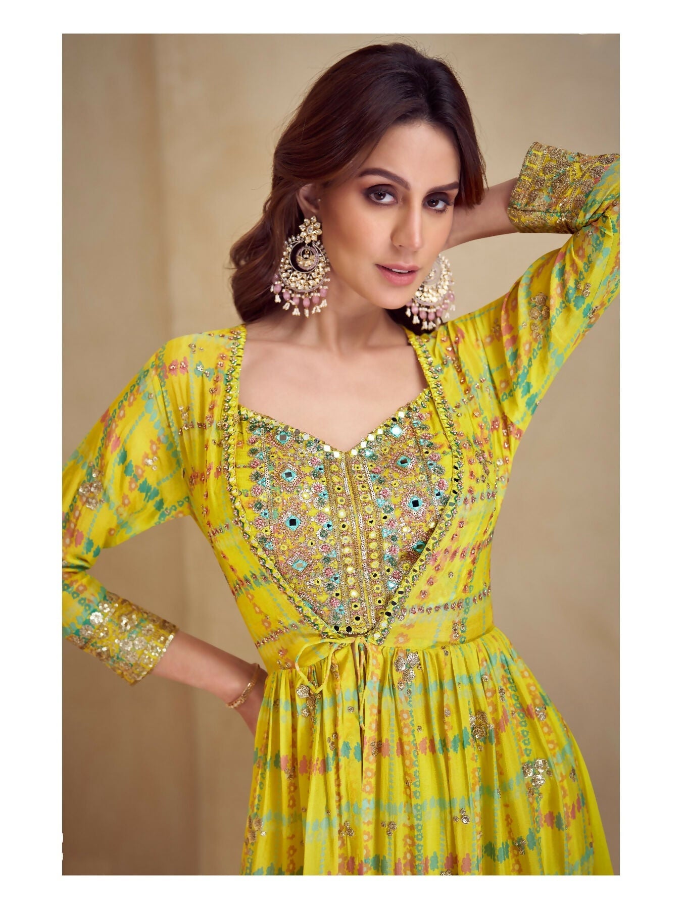 Anaita Yellow Real Chinon Stitched 3 Piece Suit with Printed & Embroidery hand work - Distacart