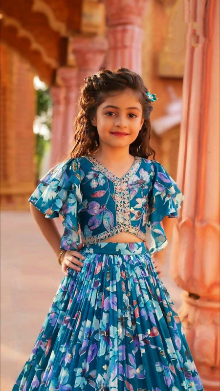 Jyoti Fashion Beautiful Blue Faux Georgette Digital Printed with Sequins Embroidered Kids Lehenga Choli Set