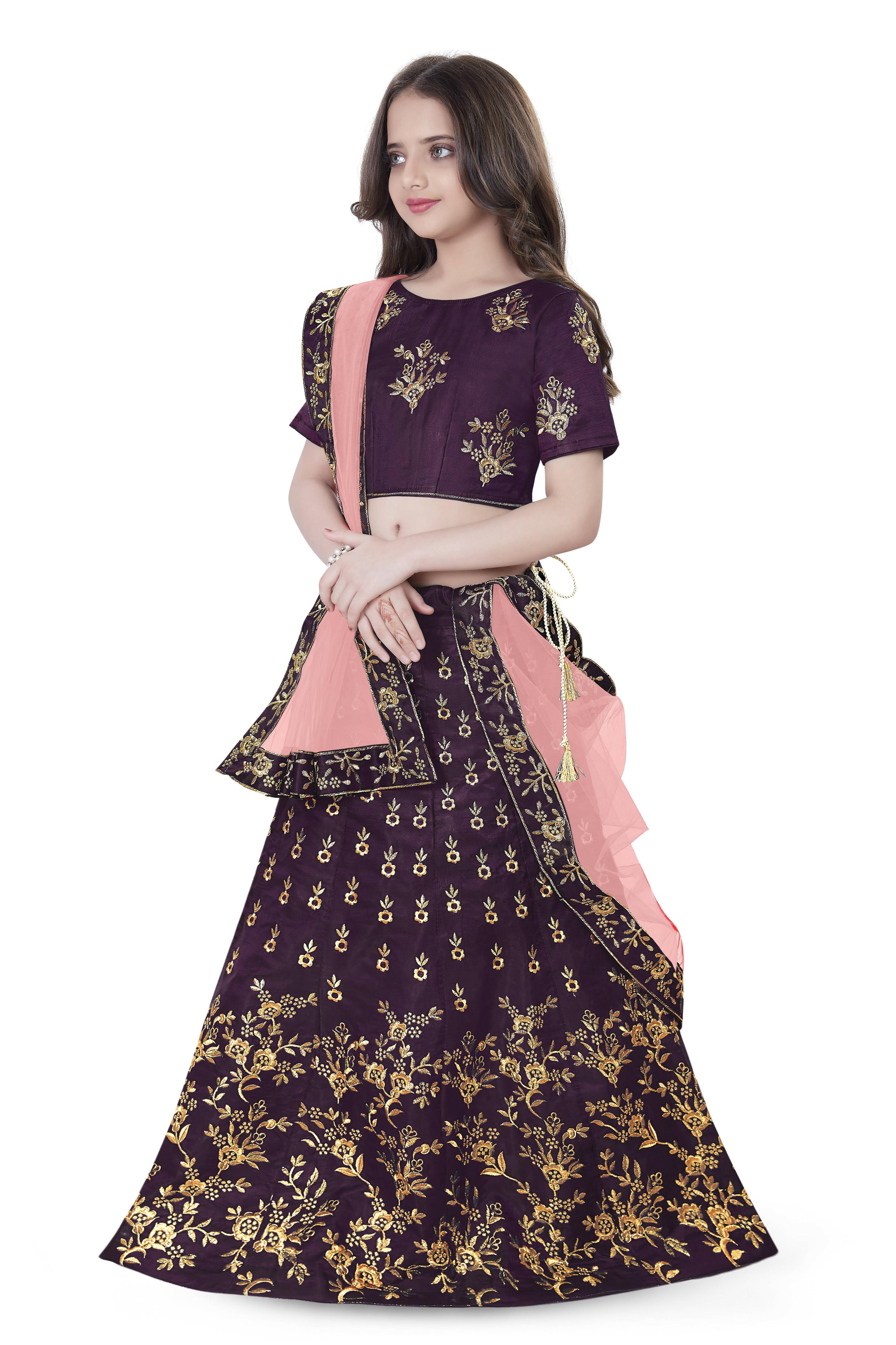 Dwiden Purple Baby Doll Tafetta Sattin Semi-Stitched Girl's Lehenga Choli