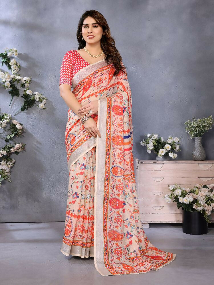 PR Fashion Orange Handloom Linen Cotton Saree