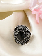 NVR Women's Black Silver-Toned German Silver Adjustable Finger Ring