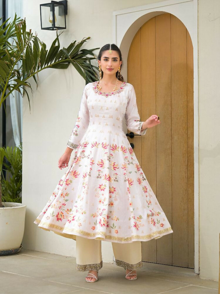 Functional Designer Off white Jam Silk Anarkali suit with Dupatta-Anbazaar - Distacart