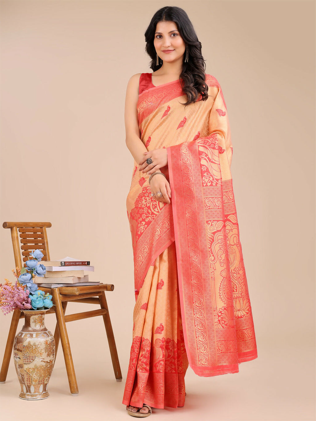 Shree Shyam Fashion Banarasi Silk Cream & Red Saree - Distacart