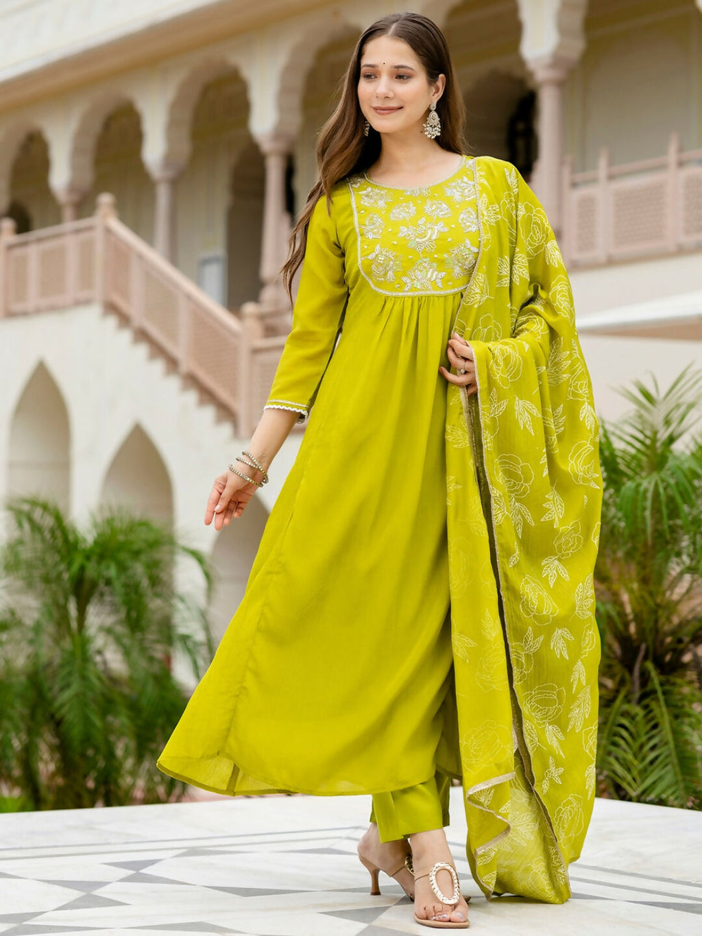The52 Liril Women's Beautiful Embroidered work Chinon Fabric with Flared Kurta, Pant and Dupatta Set - Distacart