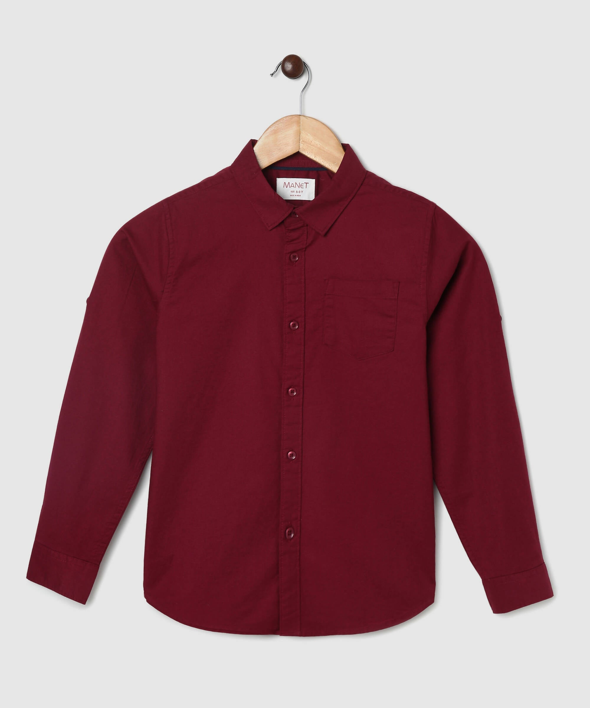 Manet Boys Mandarin Collar Full Sleeves Melange Shirt - Maroon