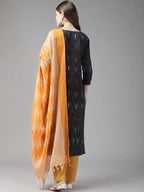 Yufta Black Pure Cotton Ikat Design Kurta with Palazzo & Dupatta