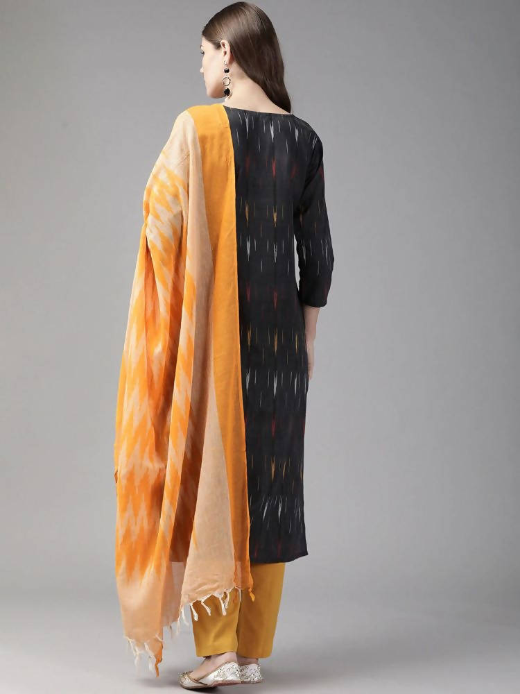 Yufta Black Pure Cotton Ikat Design Kurta with Palazzo & Dupatta