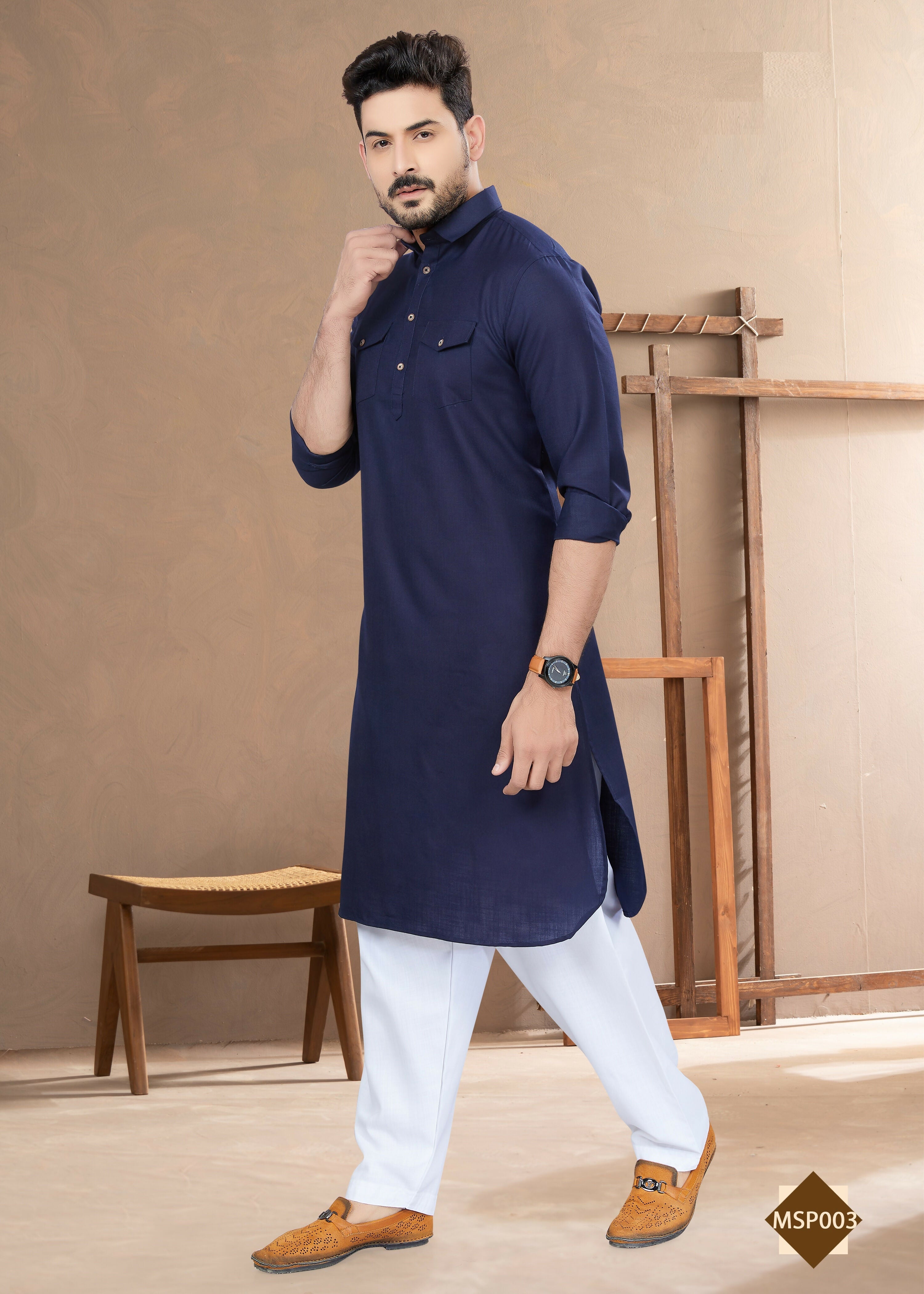 Joban Fashion Men's Blue Heavy Cotton Plain Kurta Pyjama set