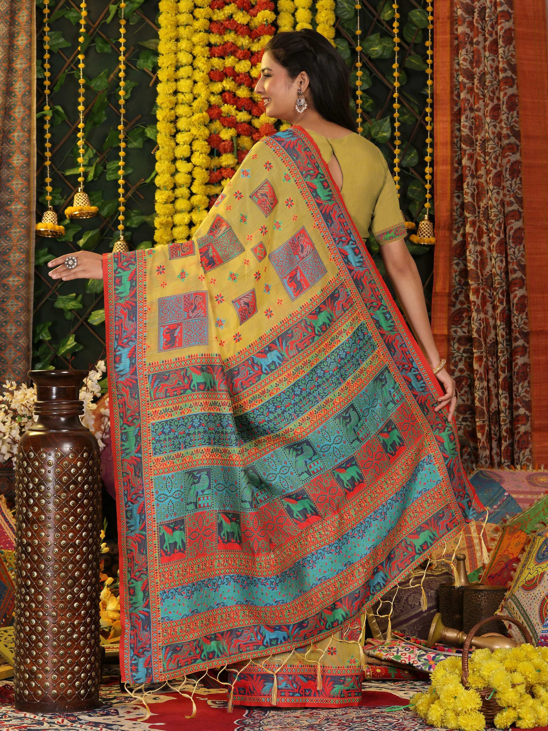 Shree Shyam Fashion Linen Cotton Yellow Saree - Distacart