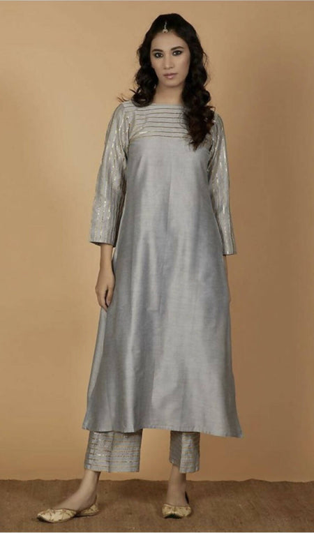 Cheera Silk Blend Fancy Gray Kurta Palazzo Set